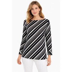 Chico's Top Blouse Women Size 1 US 8/10 M Striped Print Black White Office